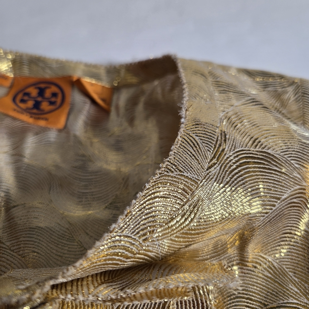 Tory Burch Trumpet Sleeveless Gold Ruffle Silk Blend Blouse Size 6 - Picture 15 of 16